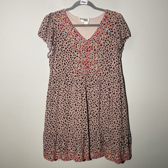 Savanna Jane Peasant Dress Women Medium Pink Embroidered Leopard Print Bohemian - Picture 1 of 9